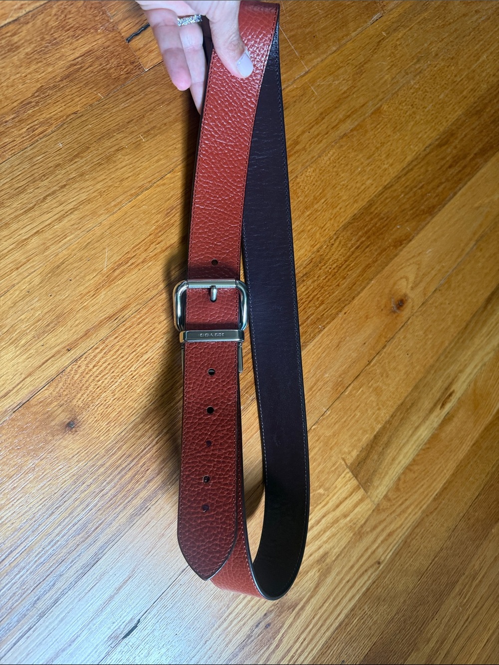 Coach Two-Tone Pebbled Leather Belt in Burnt orange  and Dark Brown